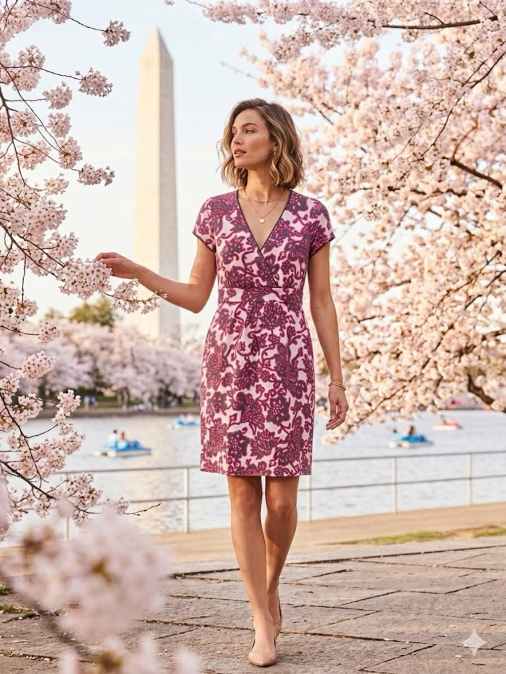 Boden Pink and Dark Gray Floral Wrap-Style Dress